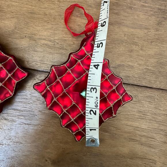 Set of 2 Traditional Red Quilted Glass Christmas Ornaments 5” x 5” Jewel Accent - Picture 5 of 9